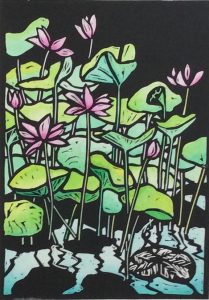 Waterlilies Ubus Linocut by Shana James $220 unframed
